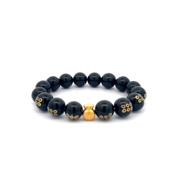 RAFANTHIA Jewelry - 24K Yellow Gold Money Bag Lucky Bracelet Carved Black Agate Gemstones 10mm